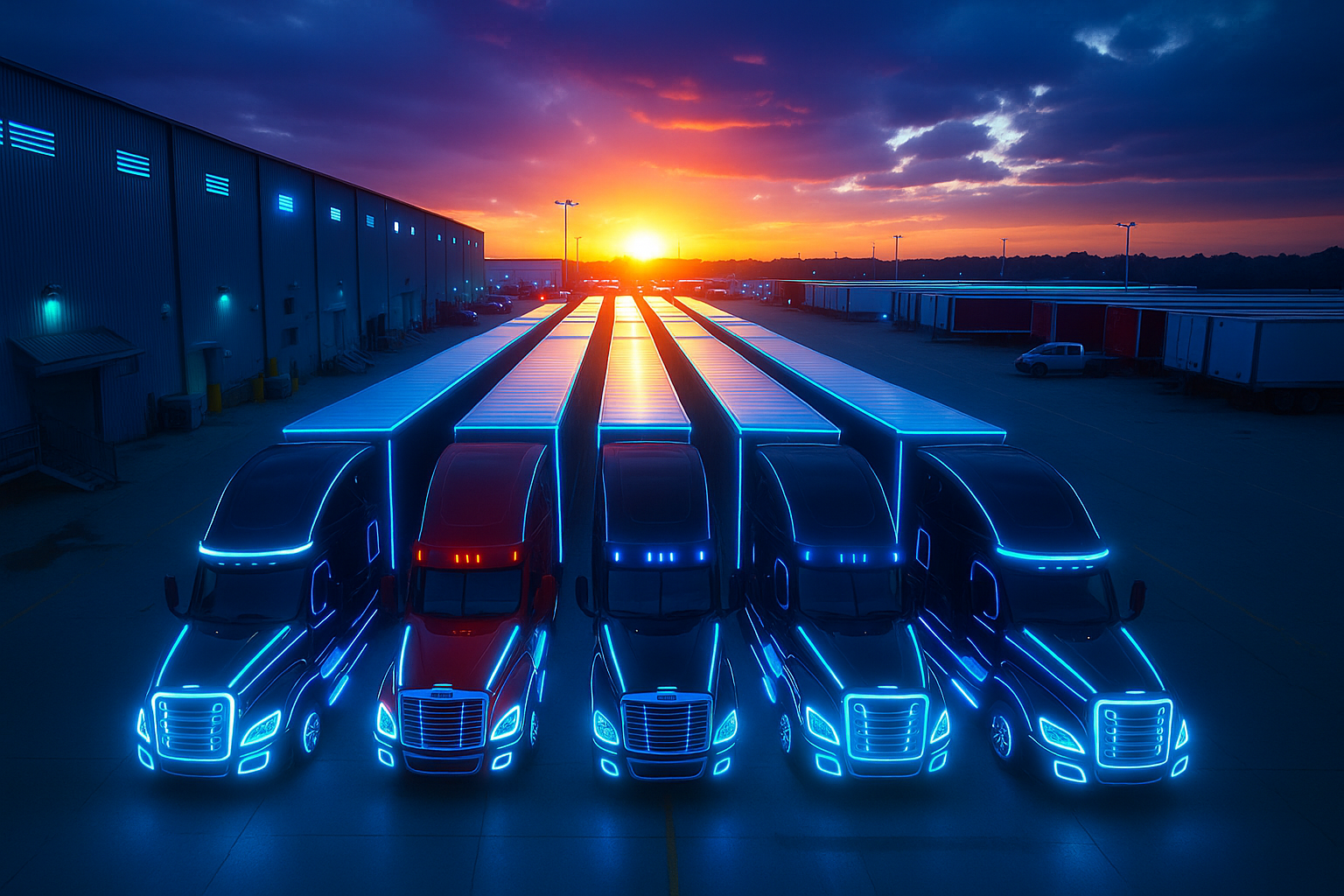 Semi truck at sunset